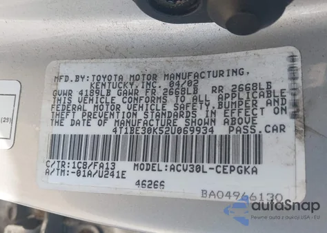 2002 Toyota Camry Xle z USA, uszkodzony, nr VIN 4T1BE30K52U069934